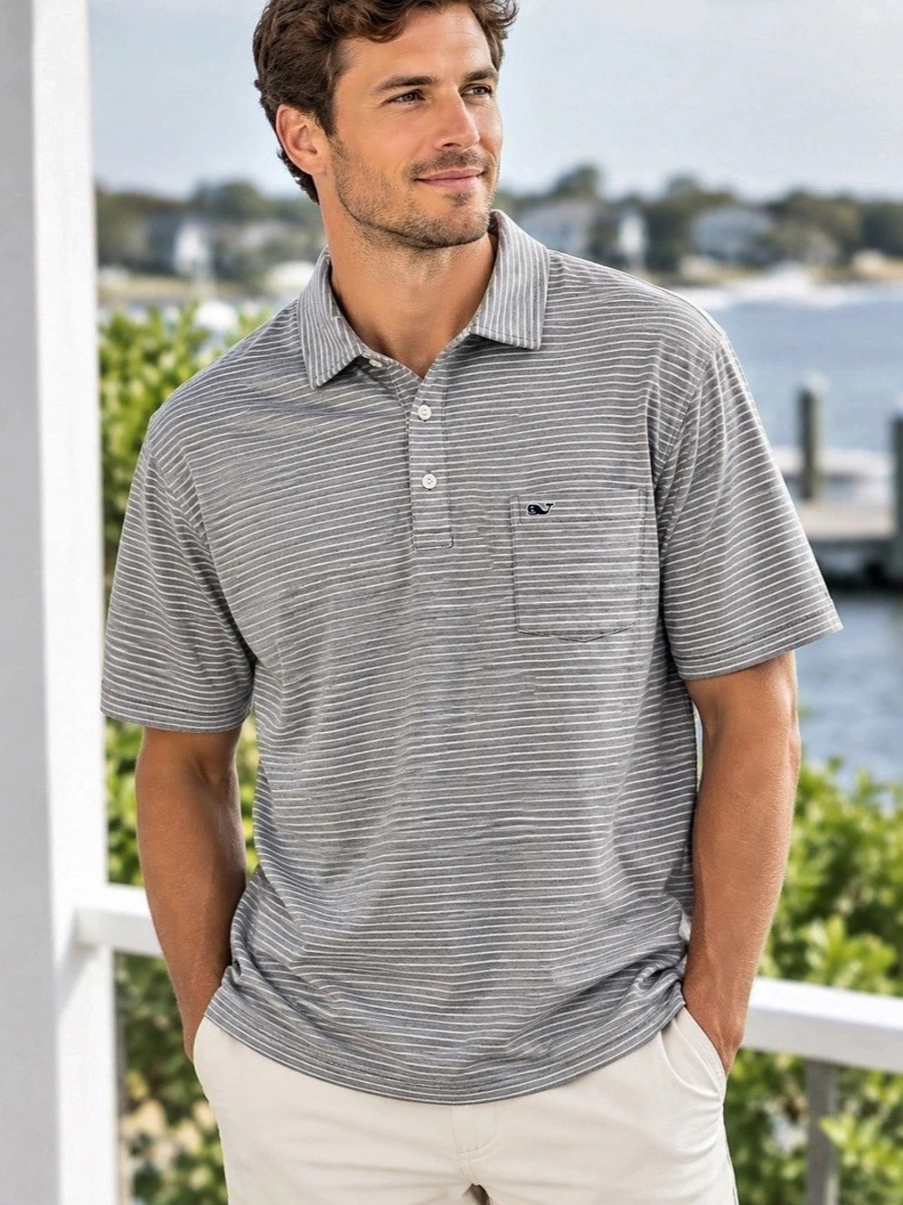 Vineyard Vines Men’s XXL Gray & White Striped Polo Shirt Like New